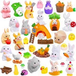 50 Pcs Easter Mini Resin Figurines Mini Resin Animals Small Bunny Chick Tiny Little Gnome Figurine for Dollhouse Easter Egg Fillers Fairy Garden Decor Party Favors