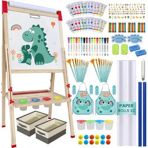 Easel for Kids,Adjustable Wooden Art Easel for Kids,Kids Toys for Ages 3-13,Double Sided Magnetic Whiteboard and Chalkboard with 214+ Art Supplies,3-in-1 Toddler Art Easels for Aged 3 4 5 6 7,8-13