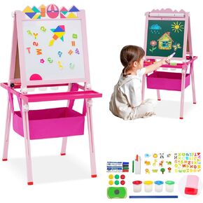 Kids Art Easel ، easel خشبي على الوجهين للأطفال الذين لديهم لفة ورقية ، وارتفاع قابلة للضبط مع ألعاب Tangram اللغز ، وصندوق التخزين وغيرها