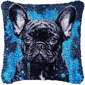 Generic Black French Bulldog Latch Hook Kits Pillow DIY Pillowcase Crochet Hook Cushion Making Kits 43x43cm