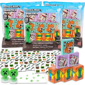 Minecraft Party Favors مجموعة كبيرة ~ حزمة مع 60 قطعة Minecraft لصالح الصناديق مع الملصقات والوشم والطوابع لحفلة عيد ميلاد الأطفال | صناديق جائزة Minecraft Classroom