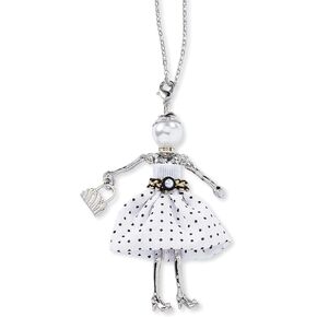 Dottie Lady Necklace, Whimsical Charm Pendant for Women, Pearls and Polka Dot Dress, Fashion Jewelry Gift for Her, Chain Adjusts 28"-31"
