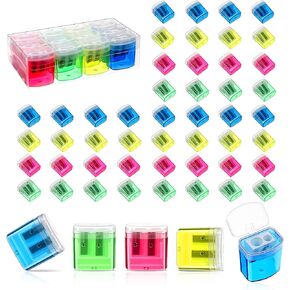 60 Pieces Pencil Sharpener Small Manual Make Up Pencil Sharpeners Bulk Double Hole Lip Liner Sharpener with Lid Hand Held Colored Eyeliner Pencil Sharpener Plastic Crayon Sharpener