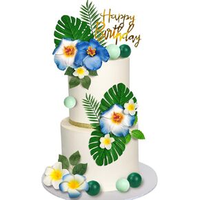 25 PCS Flower Cake Topper Hawaiian Cake Decorations with Palm Leaves Hibiscus Flower Balls for Hawaii Aloha Jungle Summer Summer Definn