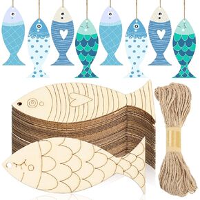 Gerrii 72 Pcs Wood Fish Cutouts Unfinished Fish Shaped DIY Crafts Natural Wooden Cutouts with Holes Blank Signs for Crafts Tags Slices with Twine for Party Hanging Ornaments