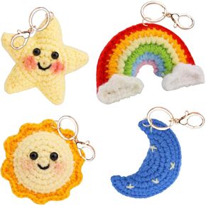 طقم المبتدئين الكروشيه للبالغين والأطفال | مجموعة الكروشيه DIY مع Star و Moon و Rainbow و Sun Keychain | طقم المبتدئين مع الغزل ، خطاف الكروشيه و | الهدايا الإبداعية لمحبي الحرفية