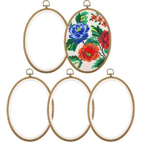 Framendino, 5 Pack Embroidery Hoops 7.5x5.9 Inch Imitated Wood Display Frame Oval Cross Stitch Hoop Ring for Hanging Ornaments