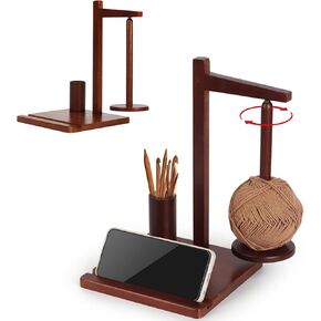 Yik Tung Wooden Yarn Holder مع حامل للهاتف للكروشيه ، حامل كرة الغزل الكروشيه SPOOL RACK للحياكة مع تخزين خطاف الكروشيه (7.5 * 8.7 بوصة)