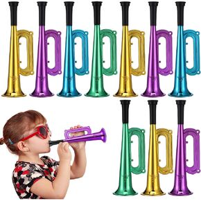 10 Pcs Plastic Metallic Trumpet: 7 inch Play Trumpet Mini Blow Horn Noise Makers for Birthday Carnival Sport Event Party