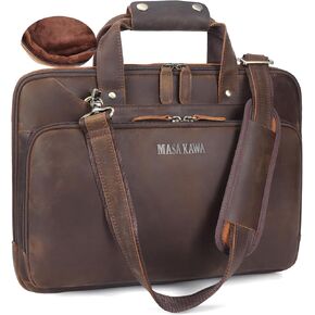 Masa Kawa Slim Leather Briefcase for Men 360° Protective Laptop Bag for 15.6 Inch 16" Computer, Crossbody Shoulder Messenger Bag Attache Case for Office Work Business Travel Lawyer, Vintage Brown