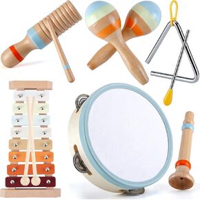 مجموعة الآلات الموسيقية للأطفال-ألعاب Montessori Wooden Music للأطفال الصغار والأطفال مع Xylophone و Tambourine & More-Boho Percussion مجموعة مرحلة ما قبل المدرسة ، خالية من BPA ، 1-3