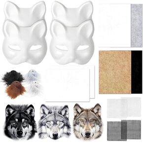 Soleim 14 PCS DIY Wolf Mask Kit - قناع الذئب الفارغ ، فرو فو ، نسيج شعر ، وألواح شبكية لصياغة