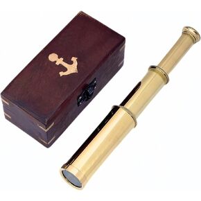 Antique 10" Shiny Brass Telescope Anchor Wooden Box Vintage Spyglass Nautical Telescopes Golden Handheld Telescope
