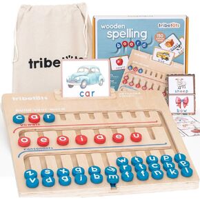 Montessori Learning Toy for 4 Year Old Kids and up | Wooden Educational Alphabet Board with Flashcards | Pre-K Essentials for Reading & Spelling. Great Homeschool CVC Word Game Gift for Boys & Girls