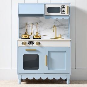 Best Choice Products Wooden Pretend Play Cottage Kitchen Kids Toy w/Storage, Scalloped Edge, 5 Accessories, Microwave, Oven, Clicking Knobs - Cream