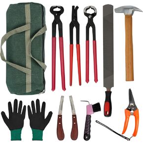 AIWFL 12PCS Farrier Tools Kit مع حقيبة يد ، أدوات تقليم الحلقات ، كماشة ، كماشة ، حدوث حصان ، حافر ، حافر ، حافر ، حافر الماعز ، مطرقة حافر ، سكين حافر ، ملف RASP ، فرشاة حدوة الحصان ، القفاز