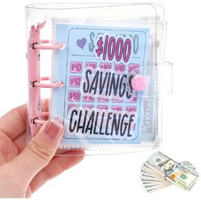 1PCS Money Saving Challenge Book Mini Saving Binders, Cash Savings Challenge Binder Book with Envelopes, PVP Save 1000 Dollar Envelopes Money, Cash Binder for Budgeting Reusable - Pink