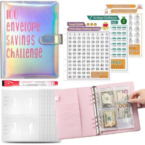 100 مغلفات تحدي التحديات تحديات تحديات الموثق ، A5 Money Sciping Cash Envelope Binder مع قلم محو ، وسيلة سهلة وممتعة لتوفير 5،050 دولار و 10،000 و 500 دولار (Marble Pink)