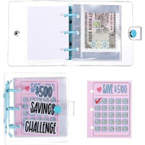 GREVOSEA MINI Money Money Binder ، 500 دولار تحديات التحديات كتاب الموازنة القابلة لإعادة الاستخدام مع الأظرف النقدية منظم الأموال للميزانية النقدية هدية جائزة الفصل المنزلي (الأزرق)