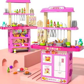 Kids Play Kitchen Toys, BBQ Grill with Smoke for Kids Ages 3 4 5 6 7, 2-Layer Barbecue Toys Play Food Set with Sound Light, Indoor Outdoor Cooking Toy for Boys Girls 3-5, Birthday Gifts