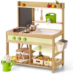Giant bean Mud Kitchen Playset for Kids, Deluxe Wooden Toy Play Kitchen Set for Boys and Girls Ages 3-8 Indoor & Outdoor Activities, with Sand and Water Sink, Cookware Pots