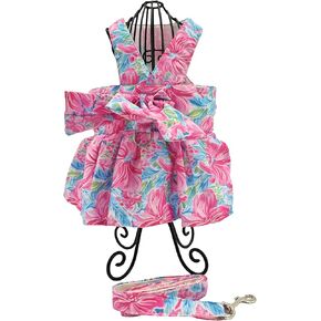 Dog Dress Bow Tie Harness Leash Set Harness Dress for Small Dogs Cute Dog Pet Girl Puppy Summer Clothes for Female Bunny Clothes Yorkie Chihuahua Training Walking (X-Large, LilyPawlitzer)