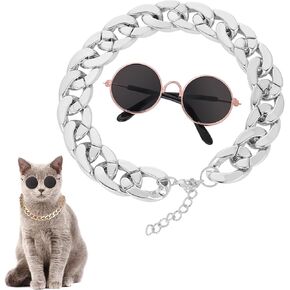 Cat Costume Sunglasses مع سلسلة ذوي الياقات البيضاء ، نظارات الحيوانات الأليفة الرجعية Funny Kittens Docorations Cosplay Dog Photo Props for Birthday (Rose Gold)