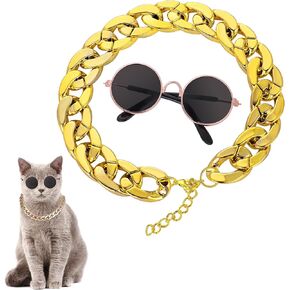 Cat Costume Sunglasses with Collar Chain, Retro Pet Eyeglasses Funny Kittens Costume Docorations Cosplay Dog Puppies Photo Props for Birthday (Rose Gold) in Kuwait
