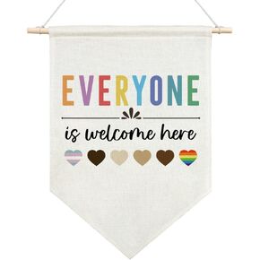 AGMDESIGN Everyone is Welcome Here Boho Diversity Canvas Hanging Pennant Flag Banner, Welcoming Classroom Decor, Safe Space Flag, LGBT Banner, Pride Month Decor, Home Office School Nursery Decor