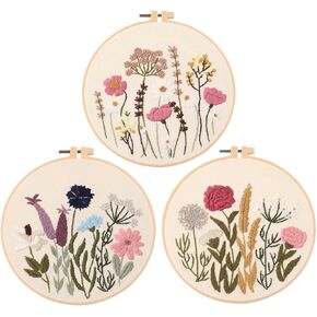 Embroidery Kit for Adults, 3 Sets Cross Stitch Kits for Beginners with Flower Pattern, Starter Kits for Hand Craft Lover with Embroidery Hoop, Instructions and Threads (Flower1+Flower2+Flower3)