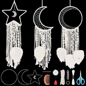 Origach 3 مجموعات DIY MACRAME DREAM CASTER KITS MONE MOON STAR DREAMCATRER KITS للبالغين المبتدئين BOHO MACRAME WALL SUPPIES يشمل الحبل القطن والتعليمات