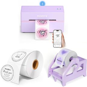 MUNBYN 130B Bluetooth Thermal Label Printer+2 Inch Circle Thermal Sticker Labels+Purple Label Holder