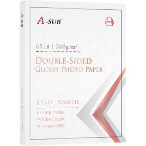 A-SUB Thick Double Sided Glossy Photo Paper 69lb 8.5X11 Inches Heavyweight Cardstock Paper 260gsm for Cards Cake Toppers Work with Inkjet Printers Dye Ink 50 Sheets