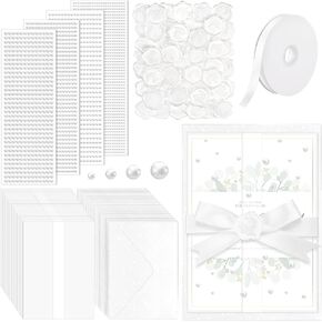 Watersay 50 Set Wedding Invitations Wraps Include Pre Folded Jackets for 5x7 Invitations Pearl Sticker White Wax Seal Stickers Pearlescent White Envelope Roll Ribbon for Weding Baby Shower