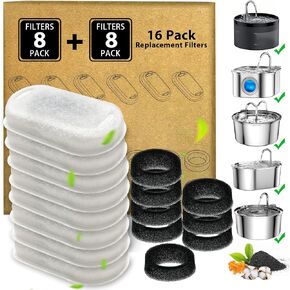 مرشح نافورة ماء Cat - 16 حزمة مرشح نافورة Cat لـ 3.2l/108oz و 2l/67oz نافورة مياه الحيوانات الأليفة ، مرشحات استبدال ترشيح ثلاث طبقات (8+8 حزمة) ، كمية الحزمة لمدة 4 أشهر