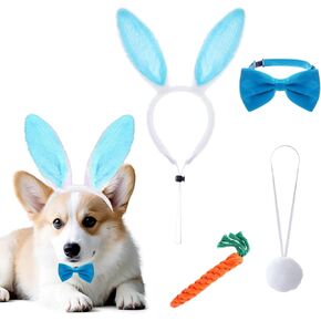 4pcs dog easter costume مجموعة أذني أرنب Bowtie Rabbit Tail و Carrot Phet Toy for Small Mediance كبيرة الكلب من الحفلات الأليف (الأزرق)
