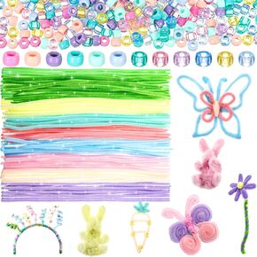 Daifunli 1200 Pcs Candy Pastel Color Pony Beads Bulk with 120 Pcs 12 Inch Multi Colored Pipe Cleaners Chenille Stems Fuzzy Sticks Seed Beads for Hair Bracelets Jewelry Making Easter Decorations