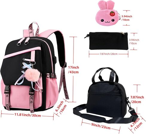 4 Pcs Girls Backpack Bookbag with Lunch Box and Case,17 Inch Teen Girls Kids Boys Pink Backpacks for Primary Middle School in Kuwait
