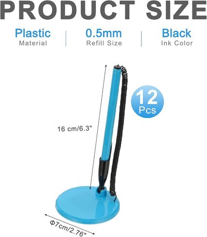 PATIKIL 12Pcs Secure Pen with Adhesive Chain and Security Pen Holder, Reception Counter Pens Desktop Pen Black Ink Refills for Desk Workplace Office Home Supplies, Flat Base, Light Blue in Saudi Arabia