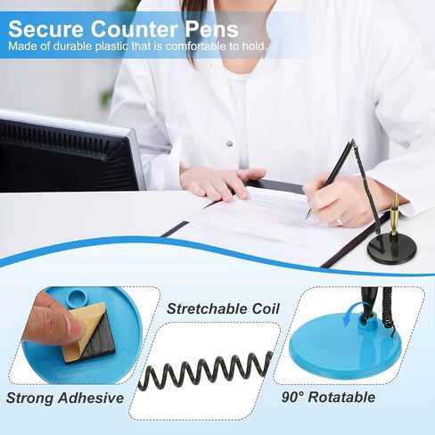 PATIKIL 12Pcs Secure Pen with Adhesive Chain and Security Pen Holder, Reception Counter Pens Desktop Pen Black Ink Refills for Desk Workplace Office Home Supplies, Flat Base, Light Blue in Saudi Arabia
