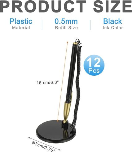 PATIKIL 12Pcs Secure Pen with Adhesive Chain and Security Pen Holder, Reception Counter Pens Desktop Pen Black Ink Refills for Desk Workplace Office Home Supplies, Flat Base, Light Blue in Kuwait