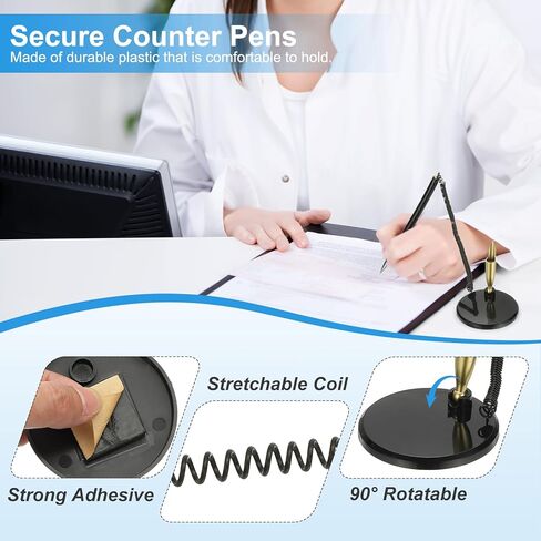 PATIKIL 12Pcs Secure Pen with Adhesive Chain and Security Pen Holder, Reception Counter Pens Desktop Pen Black Ink Refills for Desk Workplace Office Home Supplies, Flat Base, Light Blue in Kuwait