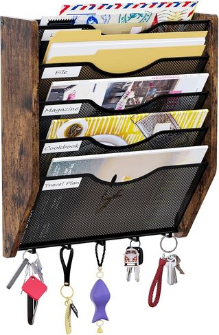 Wall File Organizer With Hooks, 5 Tier Mesh Mail Organizer Wall Mounted,Hanging File Organizer,Magazine Holder for Documents,Magazine,Literature,File,Mails,Envelopes in Kuwait