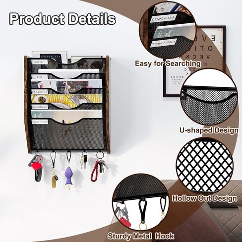 Wall File Organizer With Hooks, 5 Tier Mesh Mail Organizer Wall Mounted,Hanging File Organizer,Magazine Holder for Documents,Magazine,Literature,File,Mails,Envelopes in Kuwait