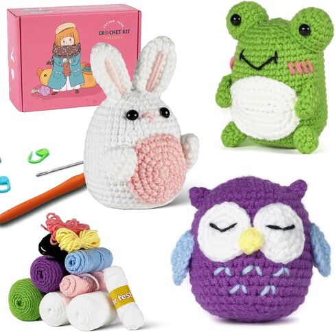 Crochet Kit for Beginners, Rabbit, Owl, Frog-3 Pattern Animals, Knitting Kit for Kids Adult with Step-by-Step Video Tutorials and Yarns, Hook, Accessories in Kuwait