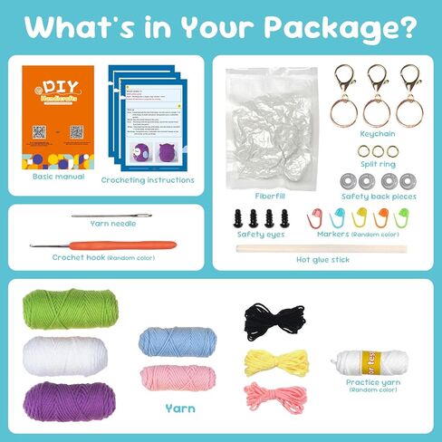 Crochet Kit for Beginners, Rabbit, Owl, Frog-3 Pattern Animals, Knitting Kit for Kids Adult with Step-by-Step Video Tutorials and Yarns, Hook, Accessories in Kuwait
