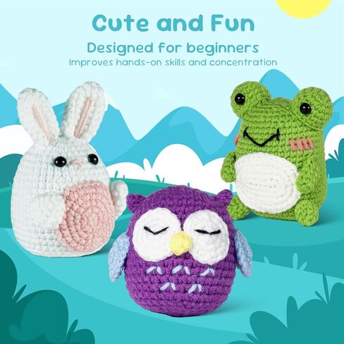 Crochet Kit for Beginners, Rabbit, Owl, Frog-3 Pattern Animals, Knitting Kit for Kids Adult with Step-by-Step Video Tutorials and Yarns, Hook, Accessories in Kuwait
