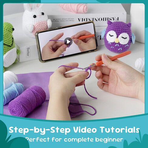 Crochet Kit for Beginners, Rabbit, Owl, Frog-3 Pattern Animals, Knitting Kit for Kids Adult with Step-by-Step Video Tutorials and Yarns, Hook, Accessories in Kuwait