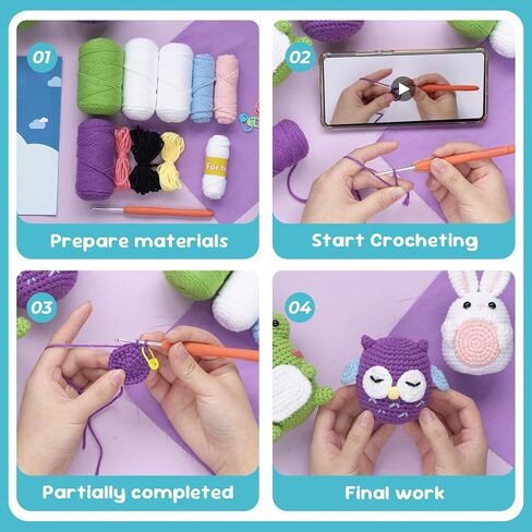 Crochet Kit for Beginners, Rabbit, Owl, Frog-3 Pattern Animals, Knitting Kit for Kids Adult with Step-by-Step Video Tutorials and Yarns, Hook, Accessories in Kuwait