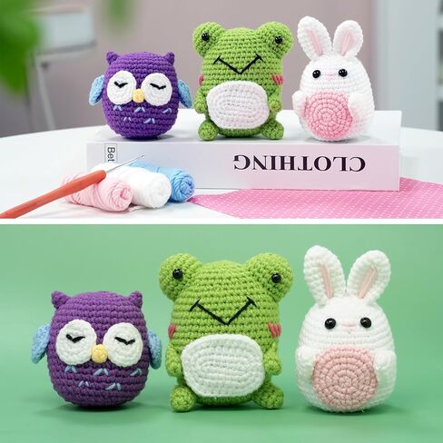 Crochet Kit for Beginners, Rabbit, Owl, Frog-3 Pattern Animals, Knitting Kit for Kids Adult with Step-by-Step Video Tutorials and Yarns, Hook, Accessories in Kuwait